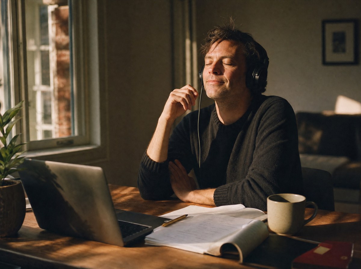 A screenwriter listens on headphones at a desk by the window, eyes closed.