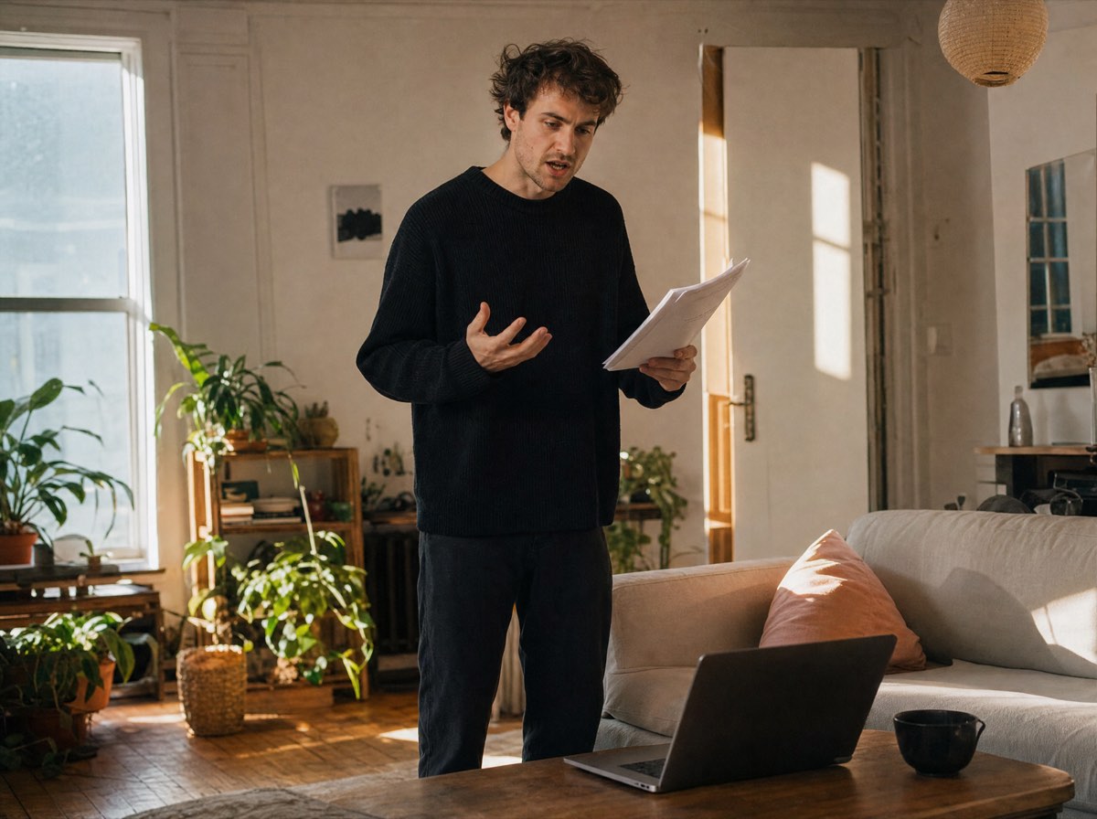 An actor rehearses with script pages in a sunlit living room, a laptop on the coffee table.
