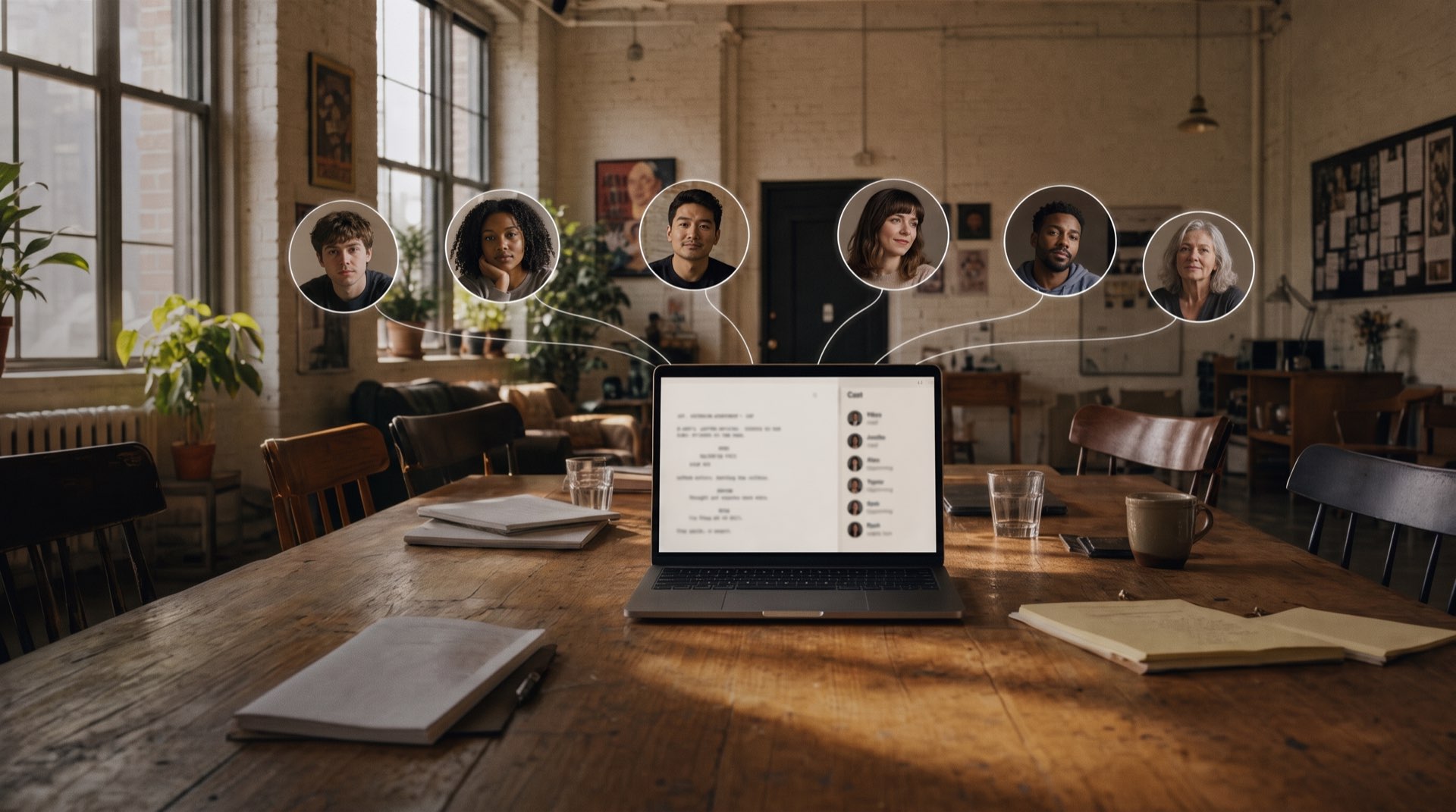 A rehearsal loft at golden hour: the cast's portraits float above a long table, joined to the laptop playing the script.